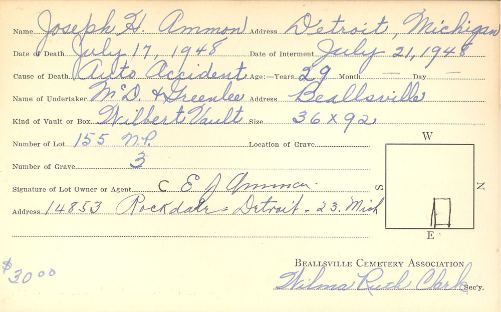 Joseph H. Ammon burial card